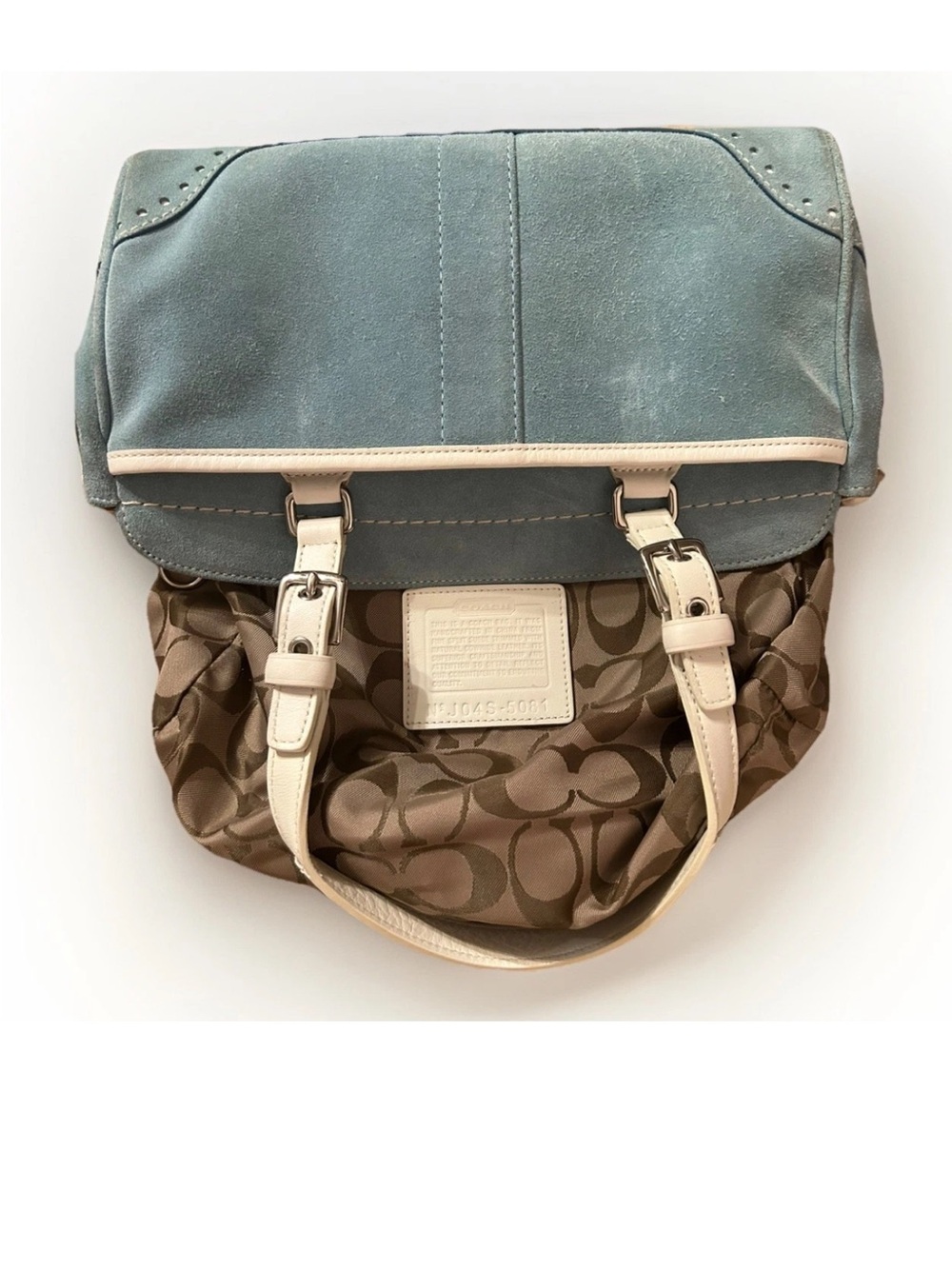 Coach Hamptons Satchel/Wristlet Set, Baby Blue Suede, White Leather Trim VINTAGE - Picture 10 of 13